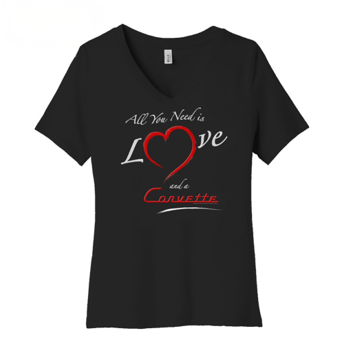 Corvette All You Need is Love Ladies V-Neck T-shirt – Black