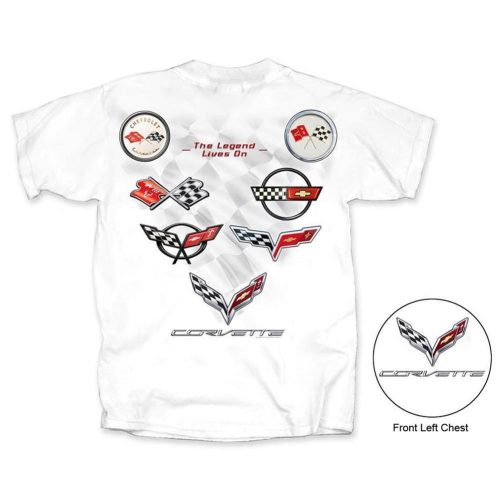 Corvette – Legend Lives On – All Year Corvette Logo T-shirt : White, C1-C7, 1953-2016