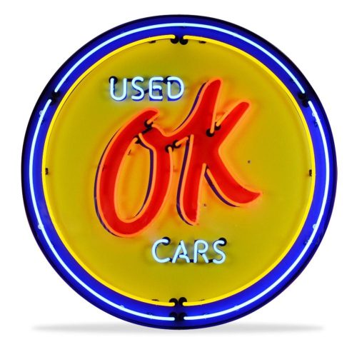 Corvette – OK Used Cars – Neon Sign in a Metal Can : Large 36 Inch Across