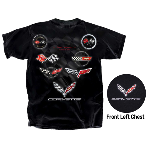 Corvette – Legend Lives On – All Year Corvette Logo T-shirt : Black, C1-C7, 1953-2019