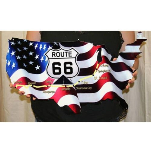 American Flag Route 66 Map Metal Wall Sign – 24″ x 14″